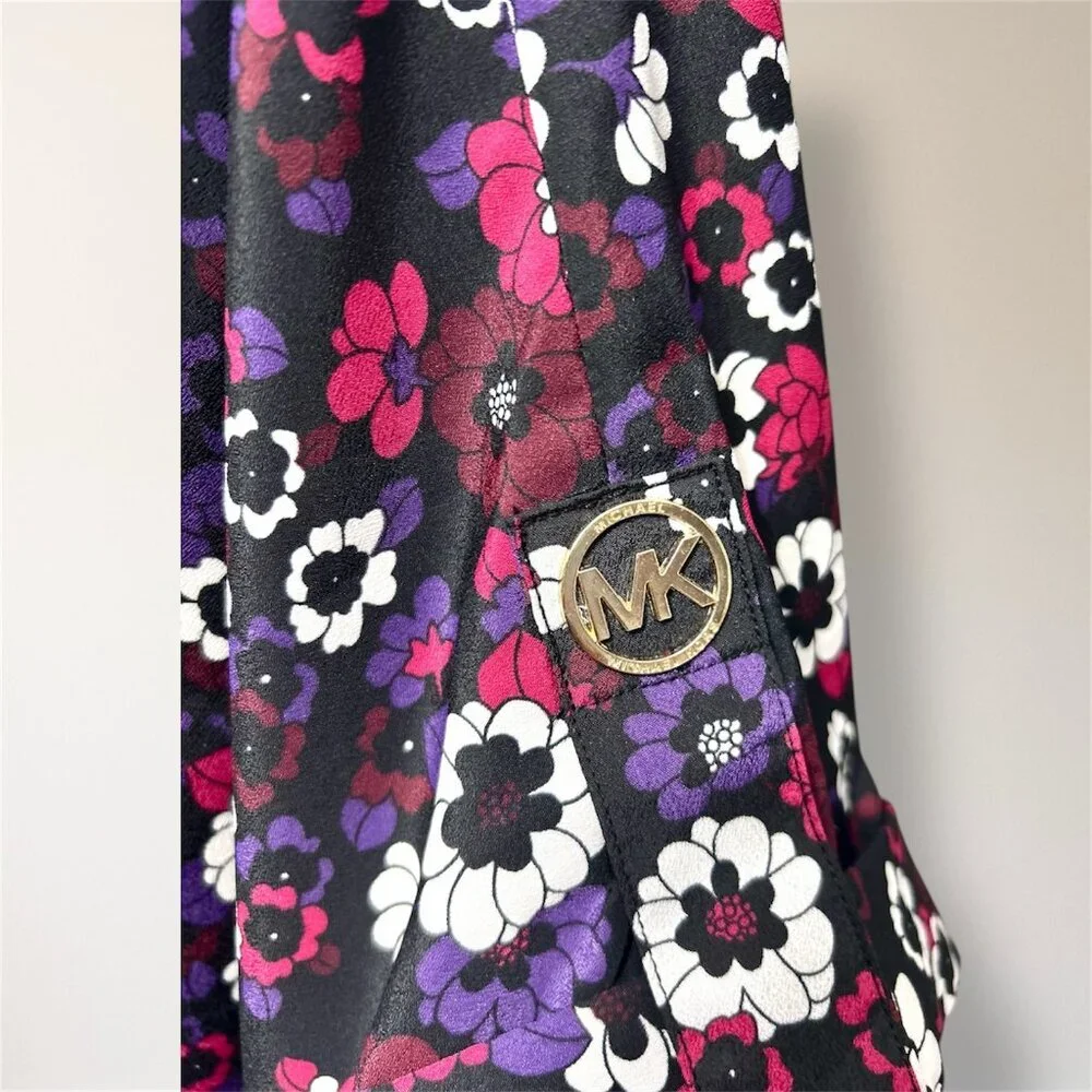 Michael Kors L Floral Blouse Smocked Waist Oversized‎ Top Gold MK Logo Boho